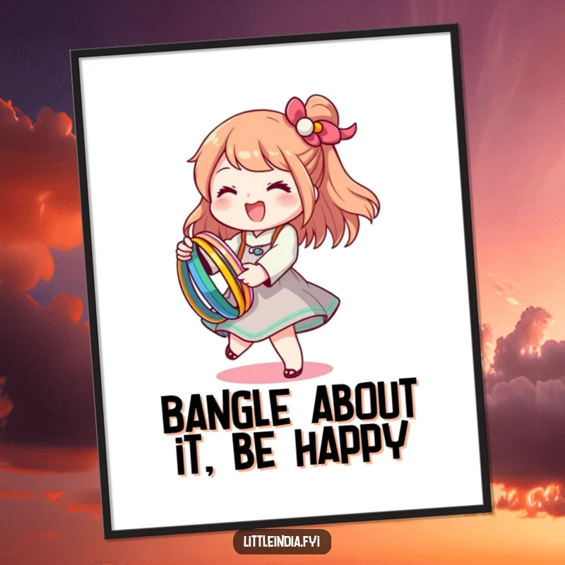 Funny Free Printable Wall Art: Character joyfully twirling with a stack of colorful bangles, adding festive energy to walls.