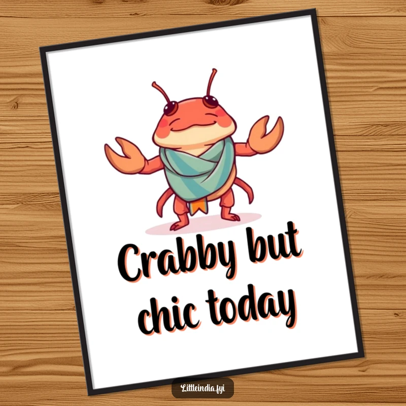 Funny Free Printable Wall Art: A confused chilli crab trying to don a tiny sarong, a whimsical downloadable design.