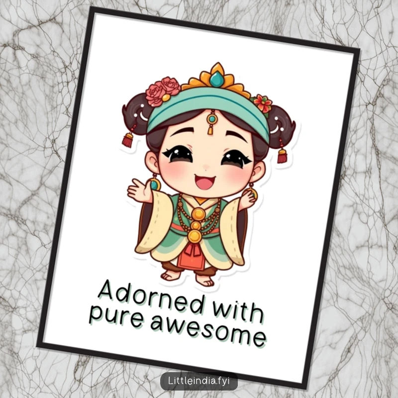 Funny Free Printable Wall Art: Happy character in traditional jewelry, striking a graceful and elegant pose. Chic home decor.