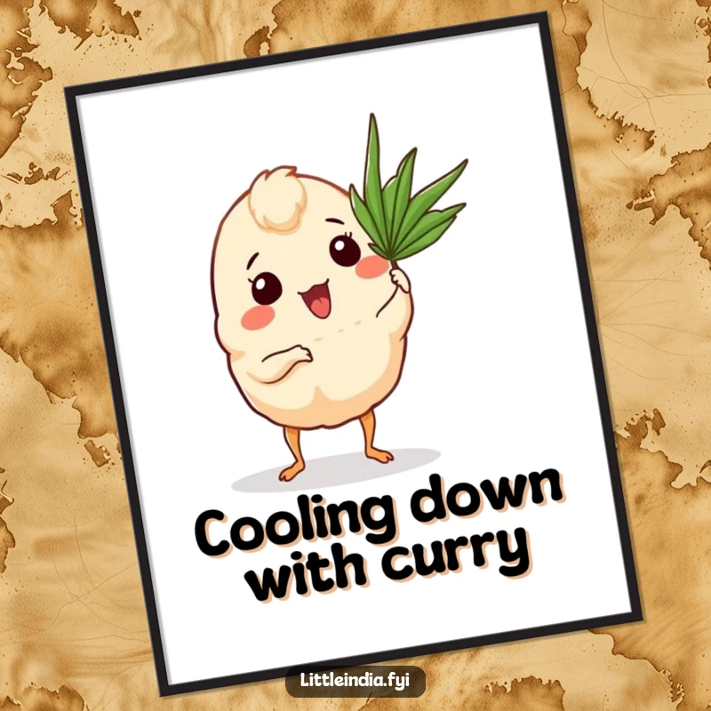 Funny Free Printable Wall Art: A curry puff with legs fanning itself with a palm frond, a tropical downloadable design.