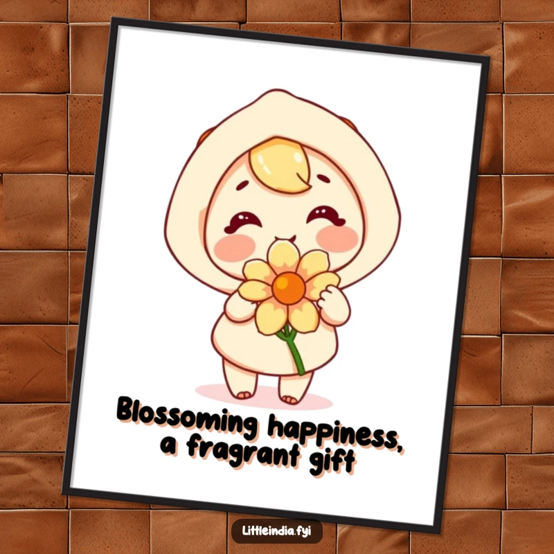 Funny Free Printable Wall Art: Happy character joyfully offering a fragrant flower with a warm smile.