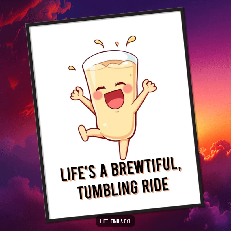 Funny Free Printable Wall Art: A vintage-style teh tarik glass gleefully performing a dynamic somersault.