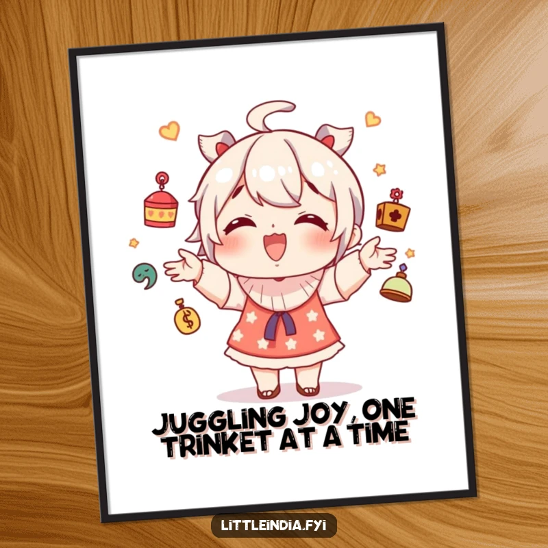 Funny Free Printable Wall Art: Giggling character with a wide smile skillfully juggling small, decorative trinkets.