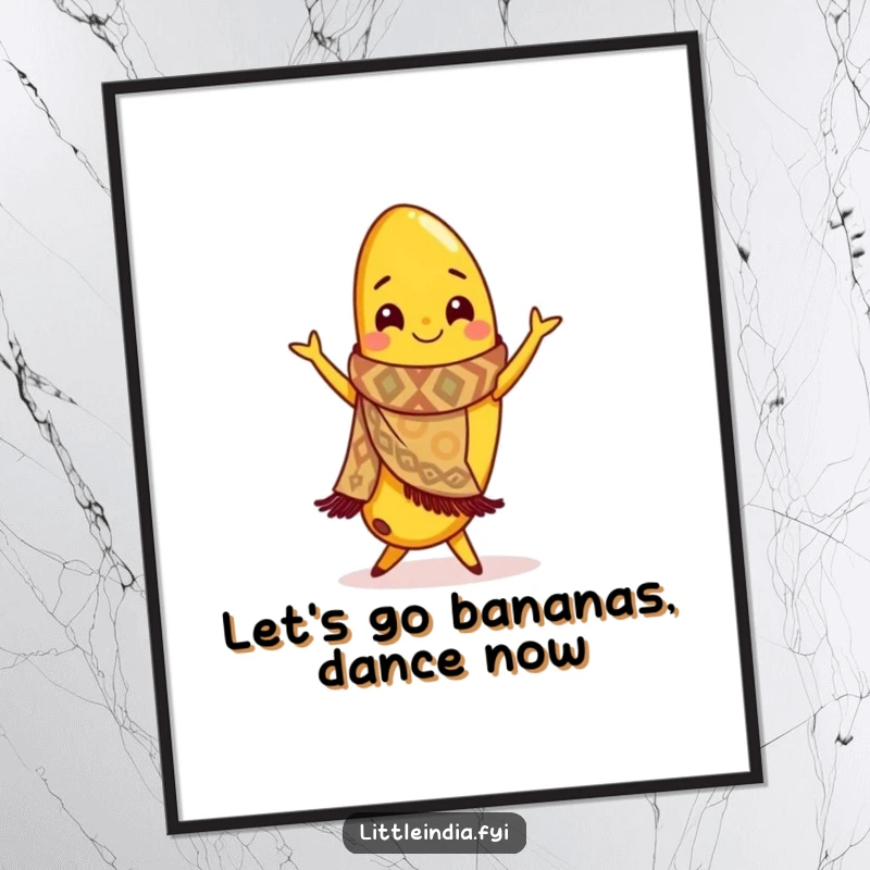 Funny Free Printable Wall Art: Smiling banana wearing a patterned scarf, mid-flamenco dance, full of energy.