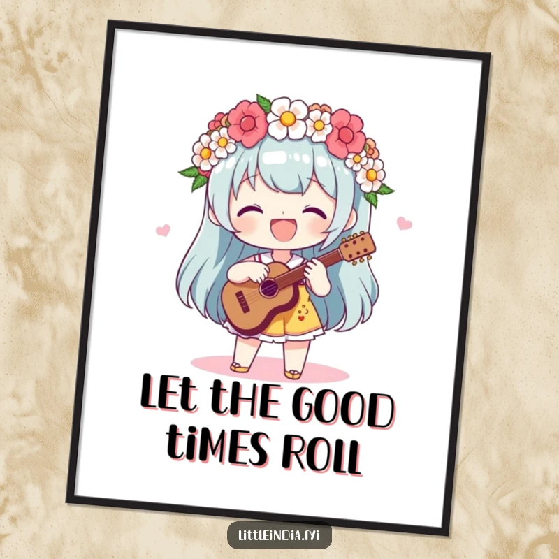 Funny Free Printable Wall Art: A delighted character adorned with a flower garland plays a rhythmic beat with joy.