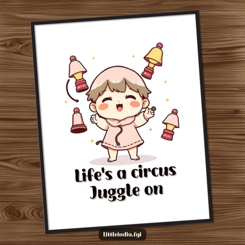 Funny Free Printable Wall Art: Playful character humorously juggling miniature lamps, quirky digital art.