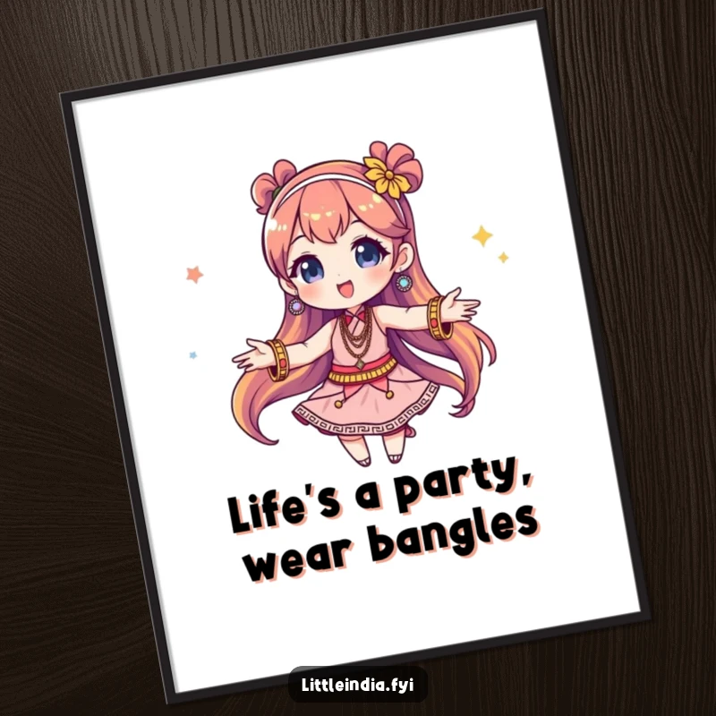 Funny Free Printable Wall Art: Whimsical character with numerous colorful bangles, captured mid-twirl.