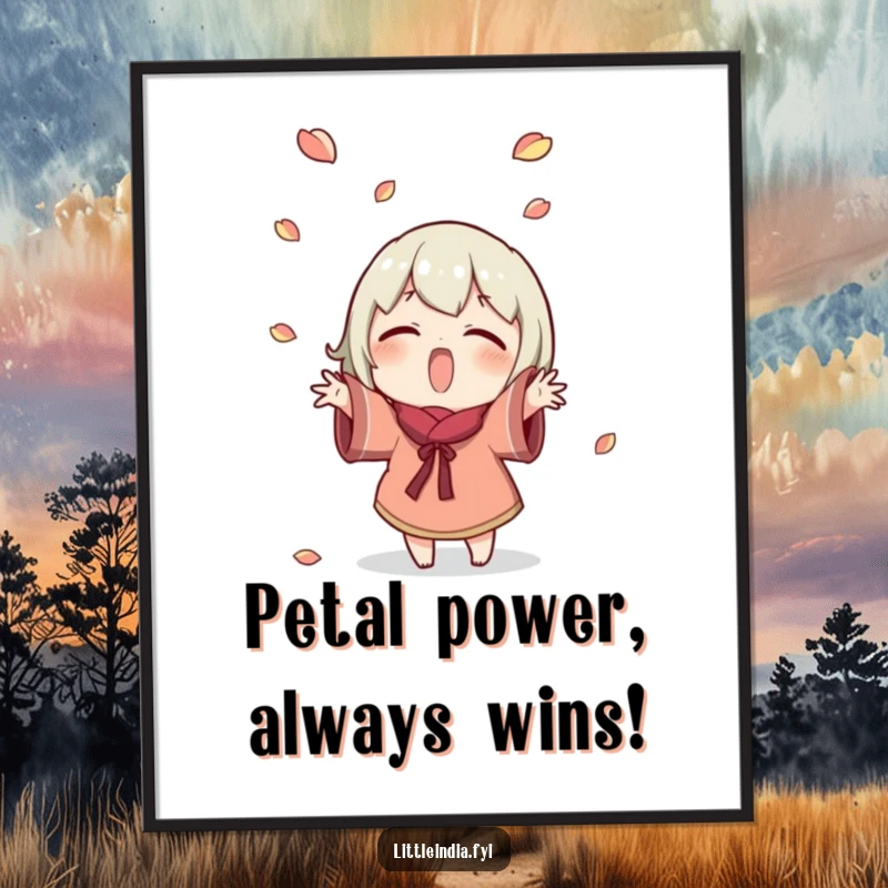 Funny Free Printable Wall Art depicting a character in mid-air, excitedly tossing small petals, creating a whimsical and humorous visual of pure delight.