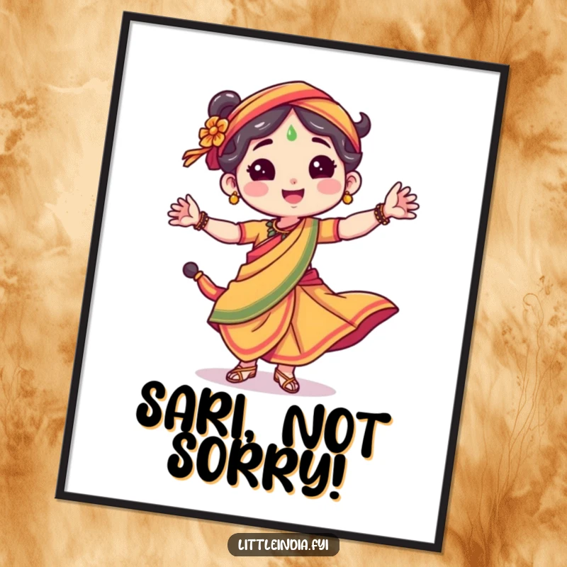 Funny Free Printable Wall Art: A character in a bright sari, captured mid-dance with energetic, joyful movement.