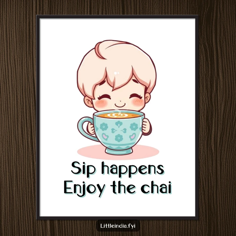 Funny Free Printable Wall Art: Smiling character enjoying a steaming cup of chai, radiating warmth and humor, downloadable.