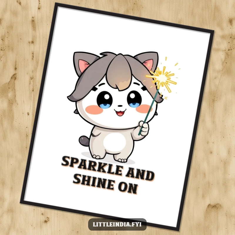 Funny Free Printable Wall Art: A happy character with sparkling eyes holds a playful, dazzling sparkler.