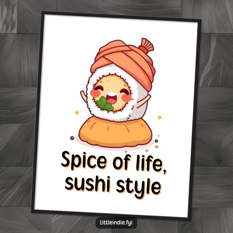 Funny Free Printable Wall Art: One happy sushi roll wearing a tiny turban, joyfully riding on a spice mound.