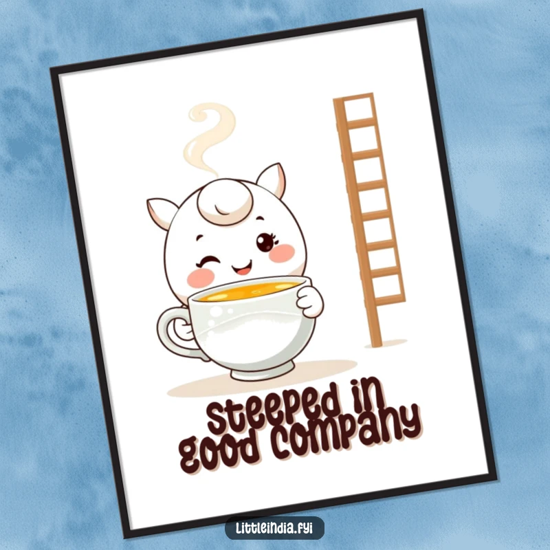 Funny Free Printable Wall Art: Smiling character with a steamy cup of tea, radiating warmth and comfort. Cozy home decor.