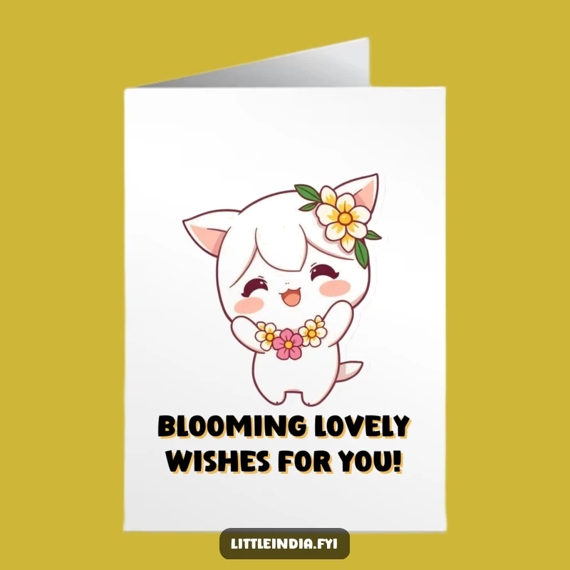 Free Printable Birthday Card: Funny Bowing Flower Garland character, Perfect Humorous Downloadable Gift