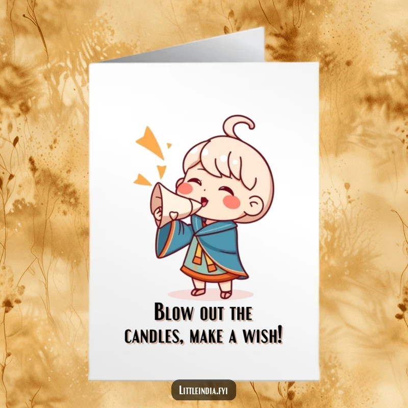 Funny Free Printable Birthday Card: Character excitedly blowing a large conch shell, announcing birthday joy.