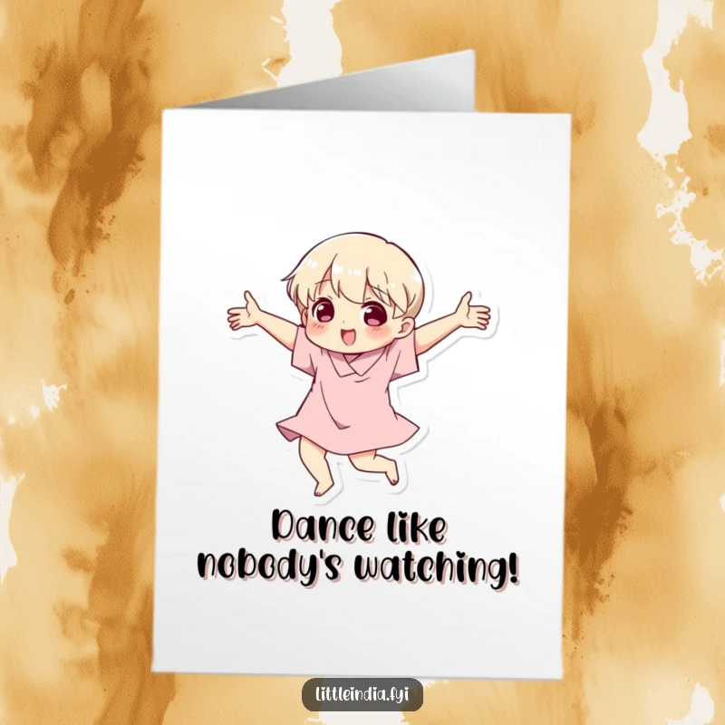 Funny Free Printable Birthday Card: Energetic character doing the cha-cha with wild arm movements, ready to party.