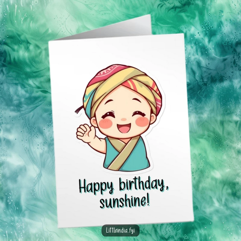 Funny Free Printable Birthday Card: Smiling character in a colorful headwrap waves joyfully, spreading birthday cheer and good vibes.