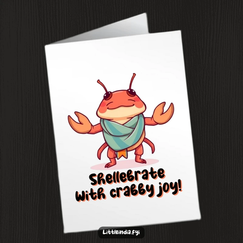 Funny Free Printable Birthday Card: A confused chilli crab struggling with a tiny sarong, a humorous downloadable gift.