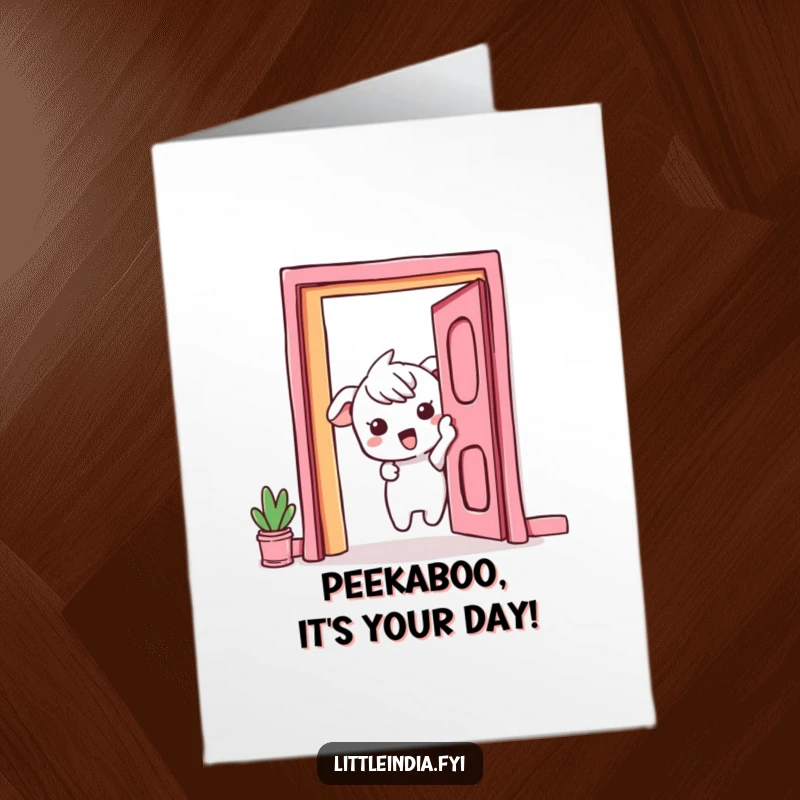 Funny Free Printable Birthday Card: Curious character peeking excitedly from behind a vibrant doorway.