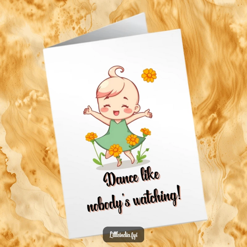 Funny Free Printable Birthday Card: A joyful character dances amidst vibrant marigold flowers, spreading cheer.