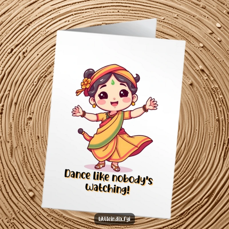 Funny Free Printable Birthday Card: Energetic character in a bright sari, dancing joyfully, spreading birthday cheer.