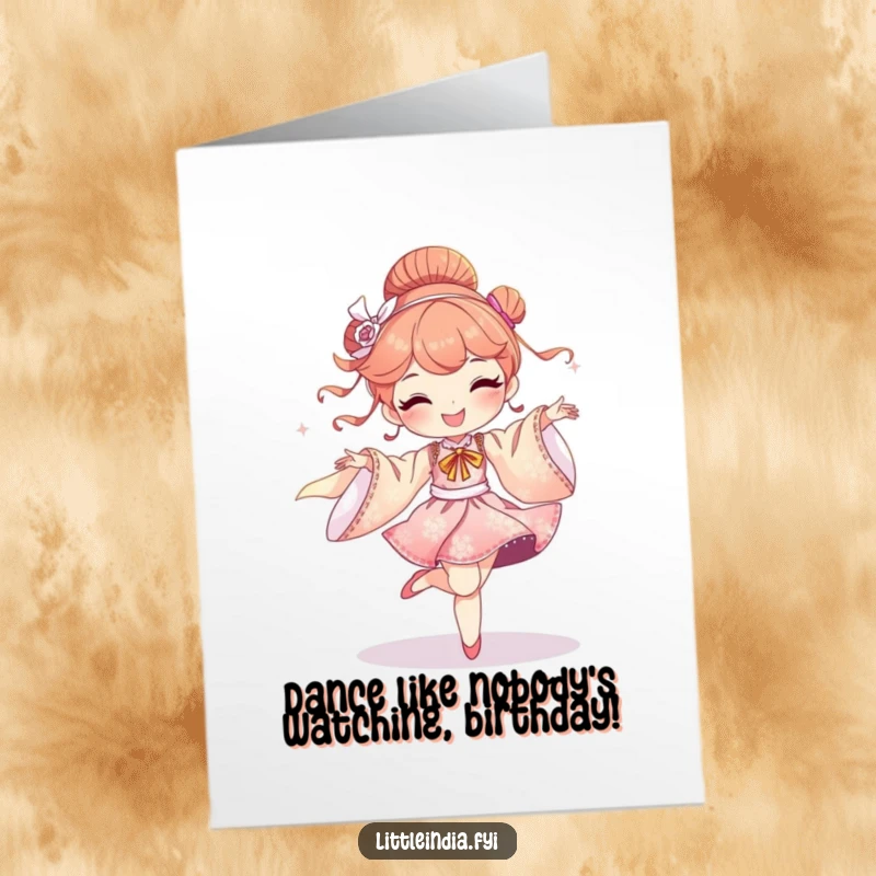 Funny Free Printable Birthday Card: Delighted character joyfully dancing amidst flowing, shimmering silk fabrics.