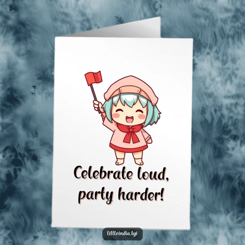 Funny Free Printable Birthday Card: A character joyfully waves a small, colorful flag, embodying pure birthday excitement and celebration.