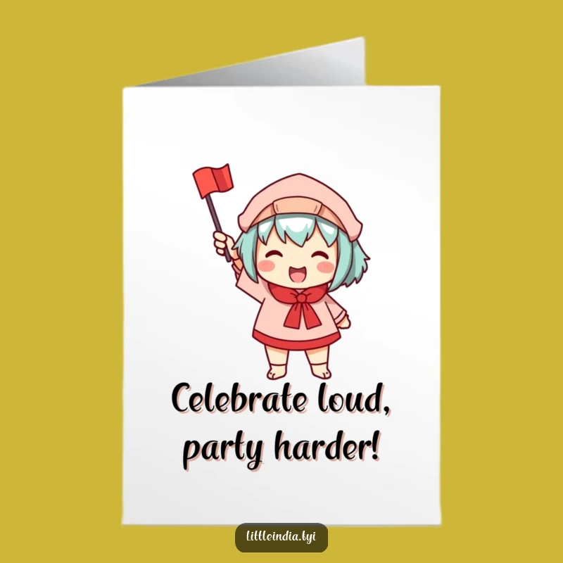 Free Printable Birthday Card: Enthusiastic Waving Flag Character, Joyful Downloadable Gift