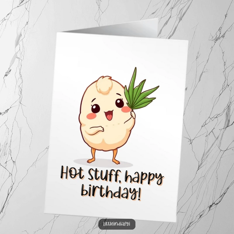 Funny Free Printable Birthday Card: A curry puff with legs fanning itself, a humorous tropical downloadable gift.