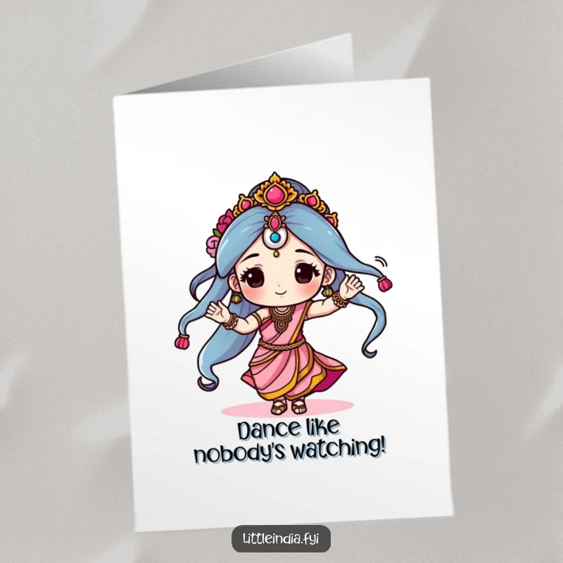 Funny Free Printable Birthday Card: Woman in Sari joyfully dancing with vibrant colors, spreading festive cheer.