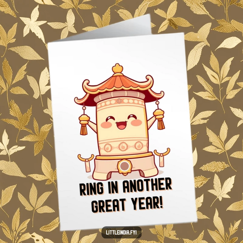 Funny Free Printable Birthday Card: A temple bell character gleefully ringing, radiating happy birthday vibes.