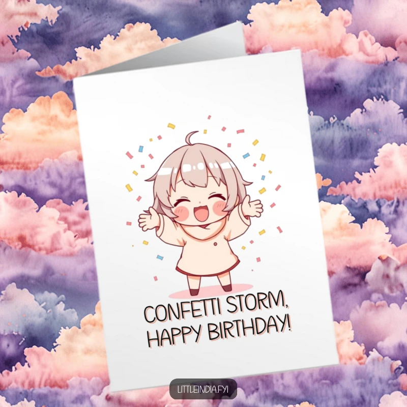 Funny Free Printable Birthday Card: A character gleefully scatters colorful confetti with both hands, embodying pure birthday joy and celebration.