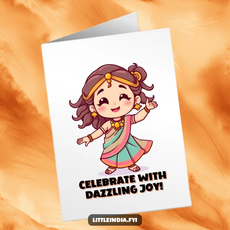 Funny Free Printable Birthday Card: Smiling character joyfully dancing in a colorful sari, radiating pure birthday happiness.