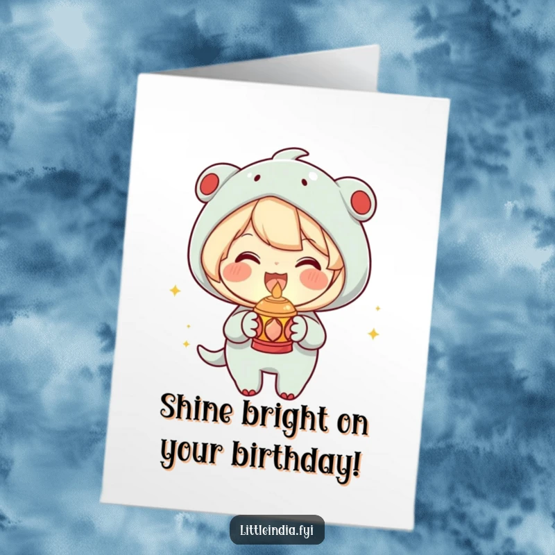 Funny Free Printable Birthday Card: A joyous character holding a small decorative lamp emitting a warm, happy glow.