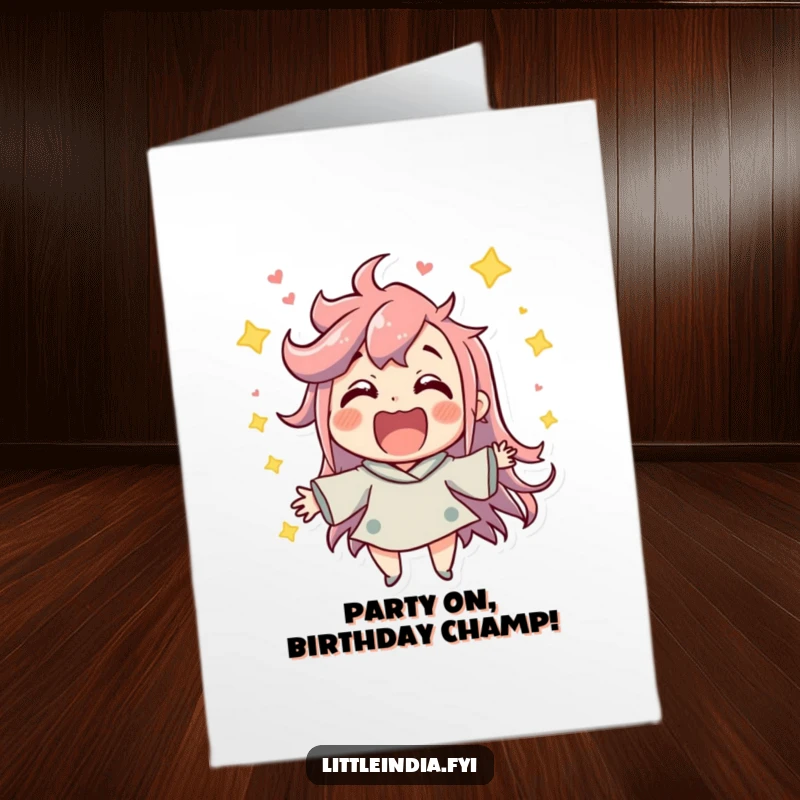 Funny Free Printable Birthday Card: Jubilant character overflowing with excitement, enjoying a lively atmosphere. DIY greeting.