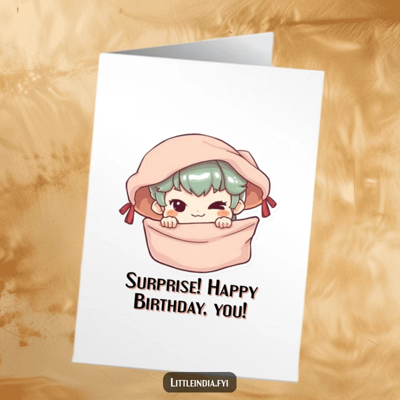 Funny Free Printable Birthday Card: Small character with mischievous grin, peeking from colourful market stall, playful downloadable art.