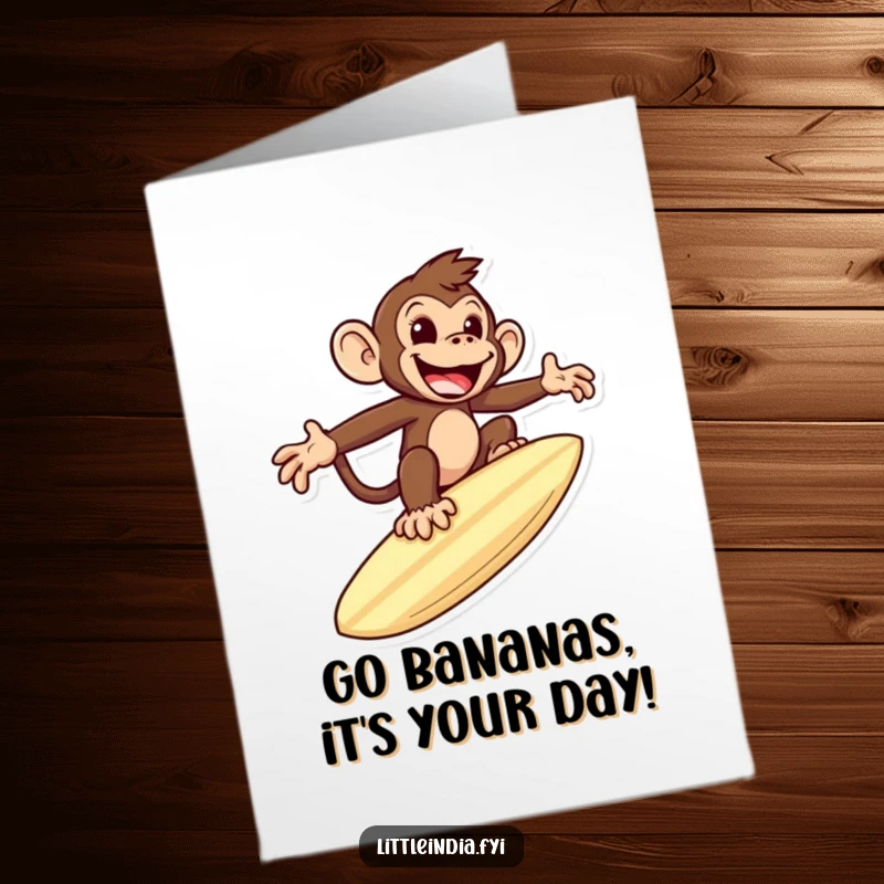 Funny Free Printable Birthday Card: A mischievous monkey joyfully surfing on a giant roti like a surfboard.