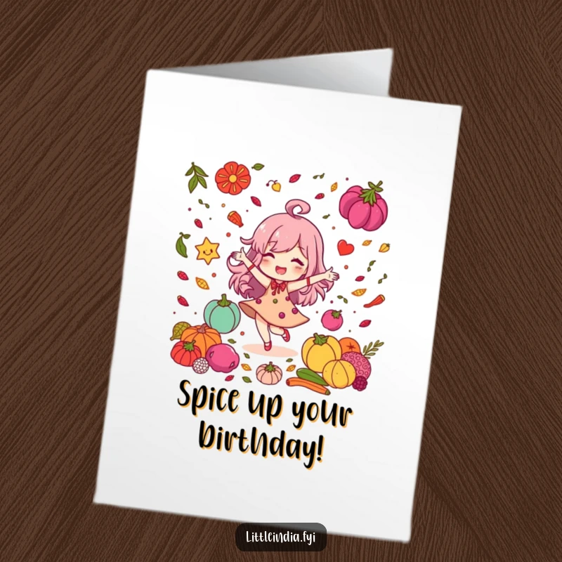 Funny Free Printable Birthday Card: Delighted character dancing joyfully among colorful spices, full of festive energy, downloadable.