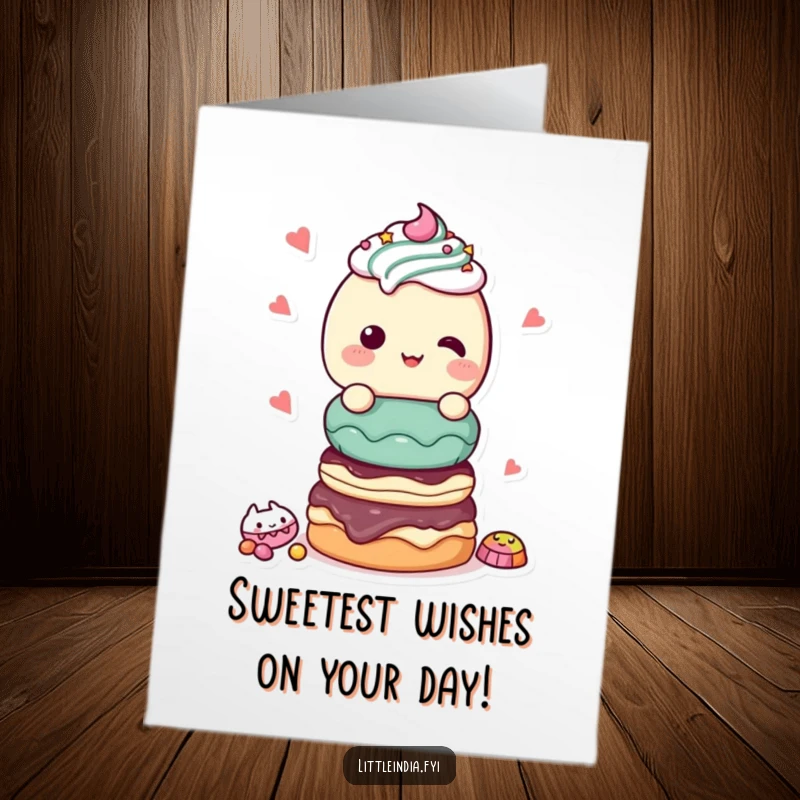 Funny Free Printable Birthday Card: A giggling character happily offers a tall stack of delicious-looking sweet treats.