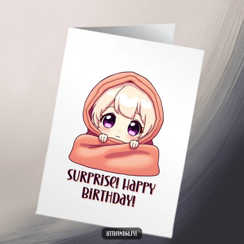 Funny Free Printable Birthday Card: A delighted character peeks playfully from behind a vibrant, colorful textile, offering a birthday surprise.