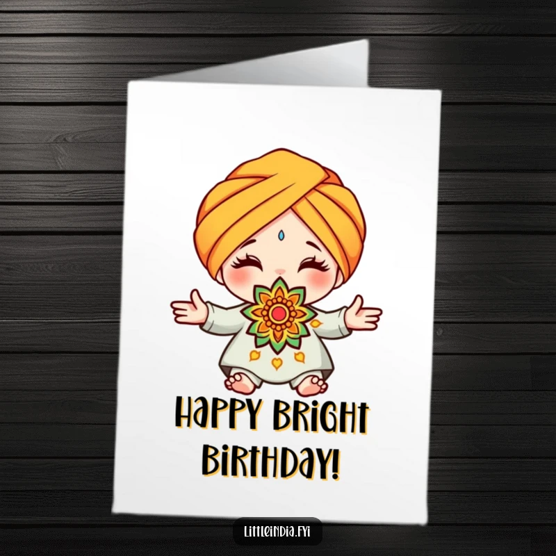 Funny Free Printable Birthday Card: Cute character in a turban offers a beautifully decorative rangoli pattern, wishing a vibrant birthday.