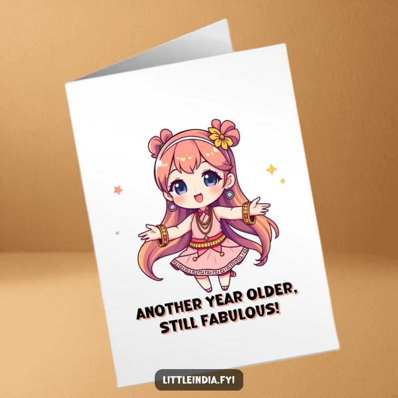 Funny Free Printable Birthday Card: Energetic character in vibrant bangles happily twirling, spreading birthday cheer.