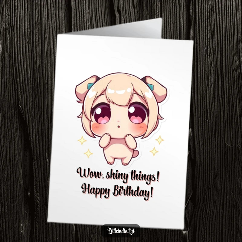 Funny Free Printable Birthday Card: Character with wide eyes, amazed by dazzling, sparkling Christmas lights, perfect festive gift.