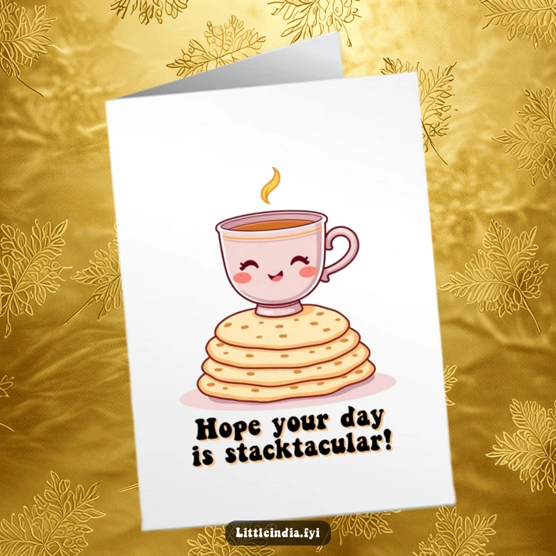 Funny Free Printable Birthday Card: Cheerful chai cup wobbling precariously atop a tall stack of chapatis.