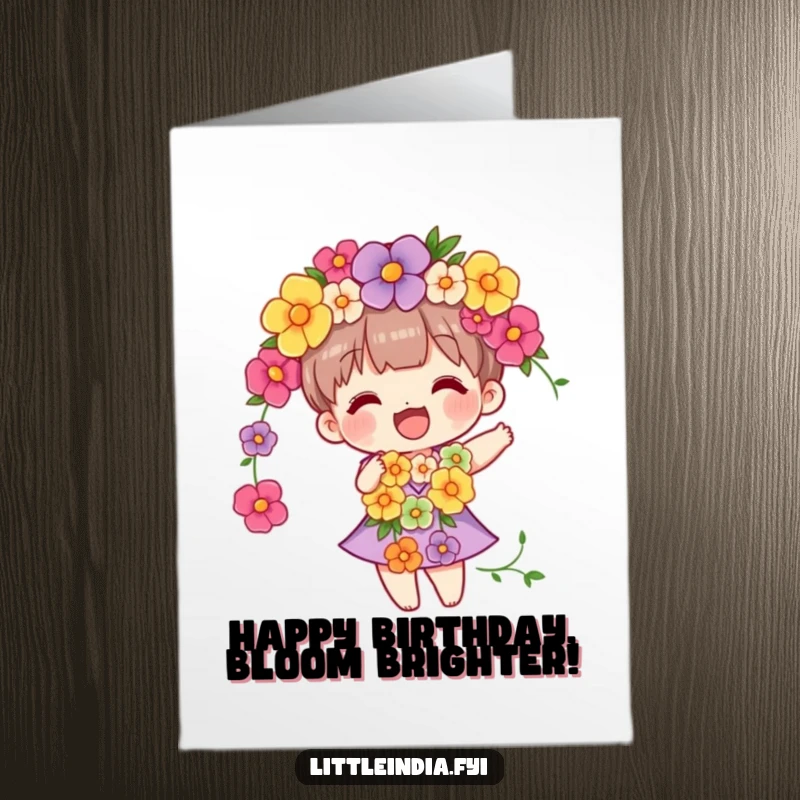 Funny Free Printable Birthday Card: Vibrant flower garland character happily swaying, conveying festive birthday wishes.