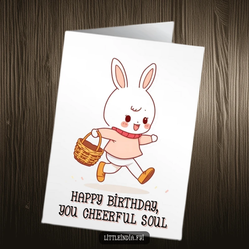 Funny Free Printable Birthday Card showing a cheerful character skipping happily with a small basket, full of good vibes.