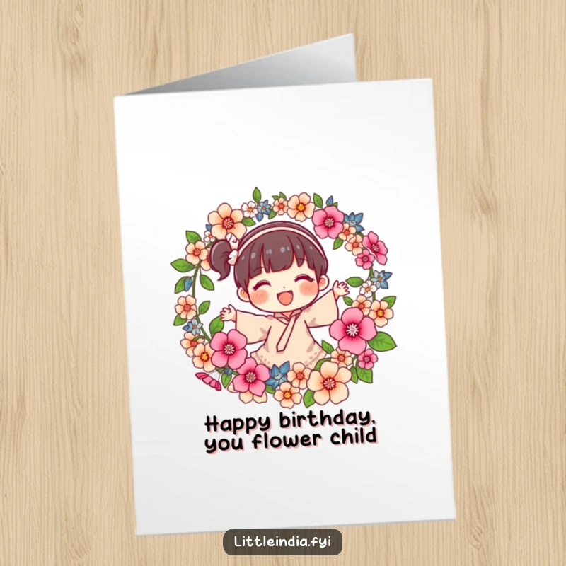 Funny Free Printable Birthday Card featuring a joyful character spinning a beautiful flower garland, perfect for a blossoming celebration.