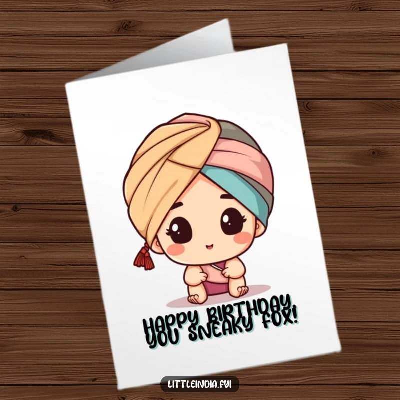 Funny Free Printable Birthday Card: Character in turban playfully peeking from behind an object, eyes twinkling.