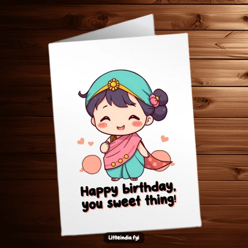 Funny Free Printable Birthday Card: A cute character in a tiny sari smiling warmly, sharing joyful exchanges.