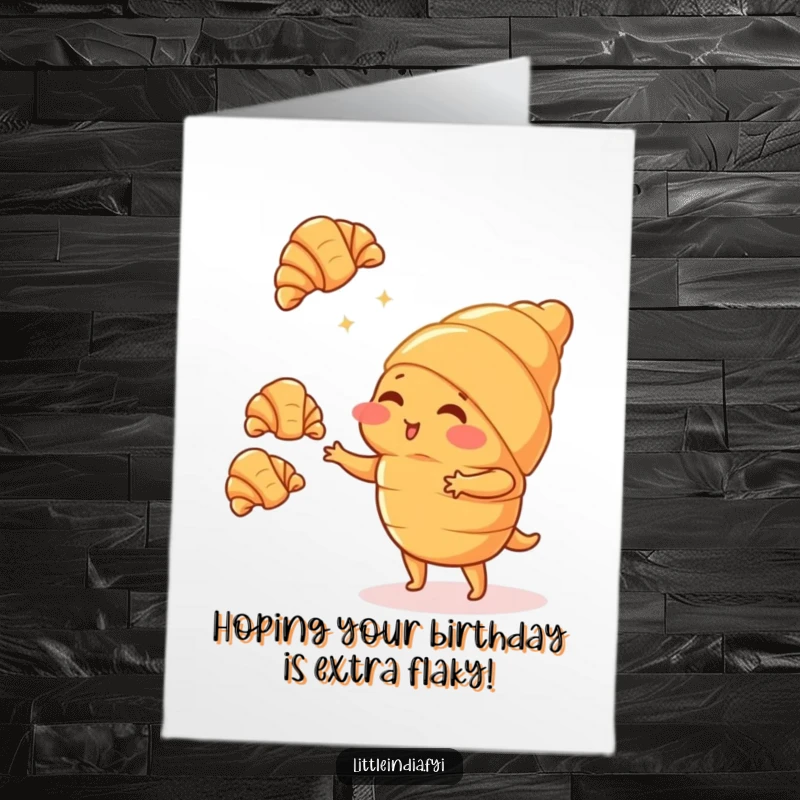 Funny Free Printable Birthday Card: Blushing croissant character hilariously attempting to juggle mini croissants, a pastry delight.